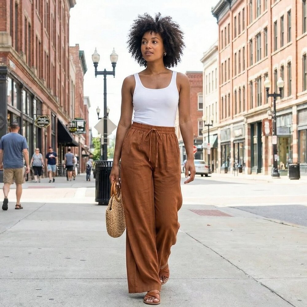 Long Length Elegant Wide Leg Pants - Soft Polyester, Fake Drawstring, - Picture 2 of 7